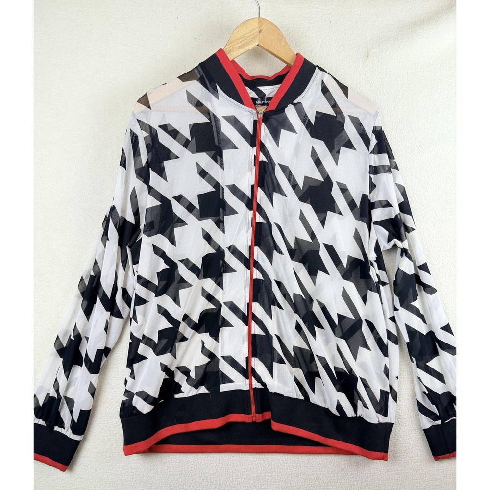 Ashley Stewart Womens 18/20 Black Houndstooth Mesh Sheer Track Bomber Jacket NEW